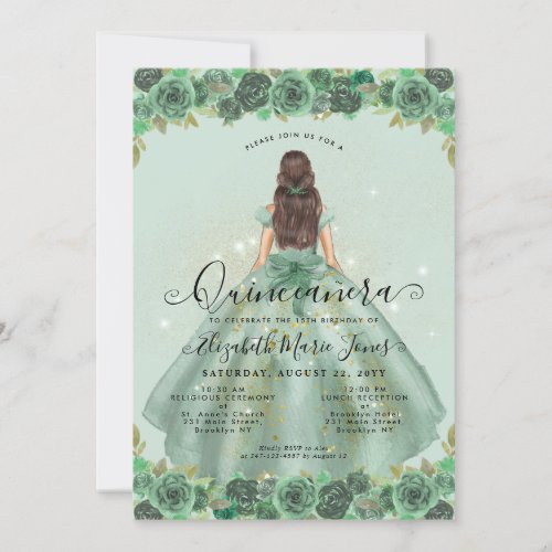 Floral Sage Green Gold Glam Princess Quinceanera Invitation