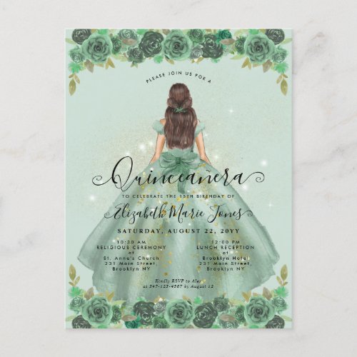 Floral Sage Green Gold Glam Princess Quinceanera Postcard