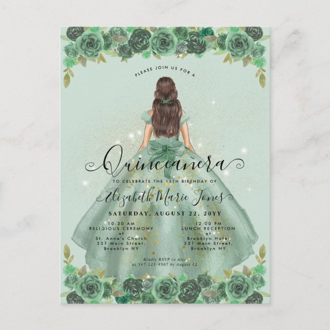 Floral Sage Green Gold Glam Princess Quinceanera Postcard (Front)
