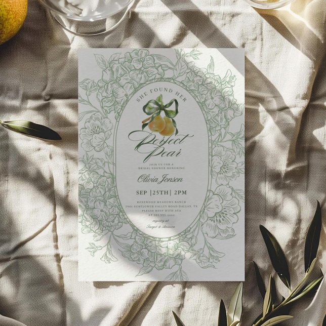 Floral Sage Green Perfect Pair Pear Bridal Shower Invitation (Creator Uploaded)