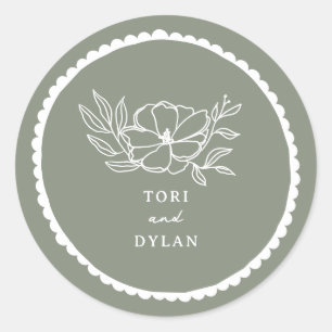 Floral Sage Green Scalloped Wedding Classic Round Sticker