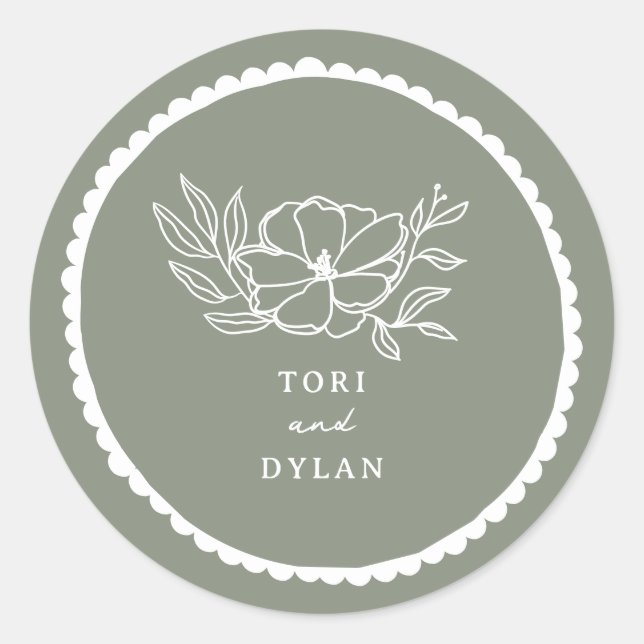 Floral Sage Green Scalloped Wedding Classic Round Sticker (Front)