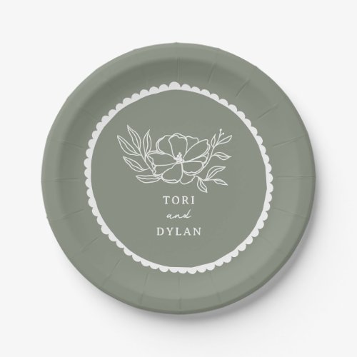 Floral Sage Green Scalloped Wedding Paper Plates