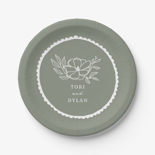 Floral Sage Green Scalloped Wedding Paper Plates (Front)
