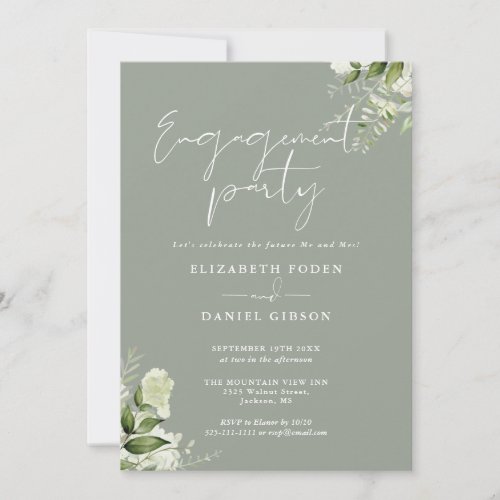 Floral Sage Green Script Engagement Party Invitation