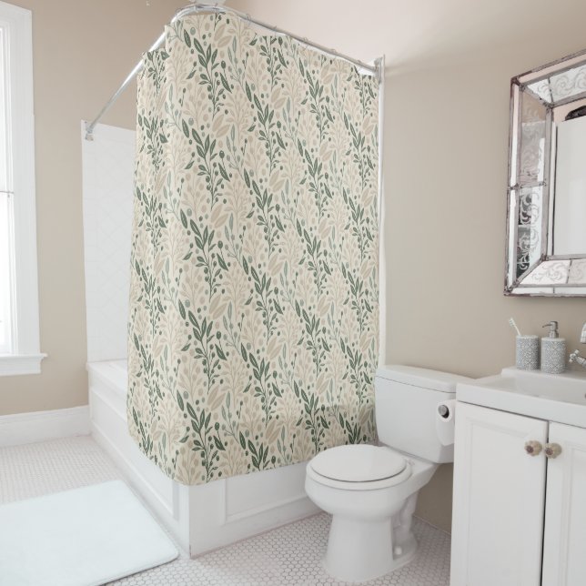 Floral Sage Green Shower Curtain (In Situ)