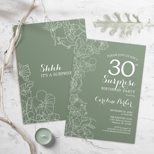 Floral Sage Green Surprise 30th Birthday Party Invitation