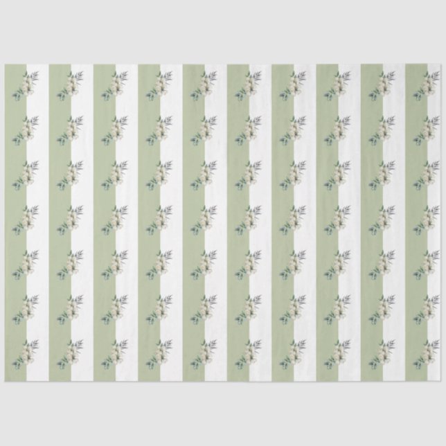 Floral Sage Green Tan Stripes Tissue Paper (Front)