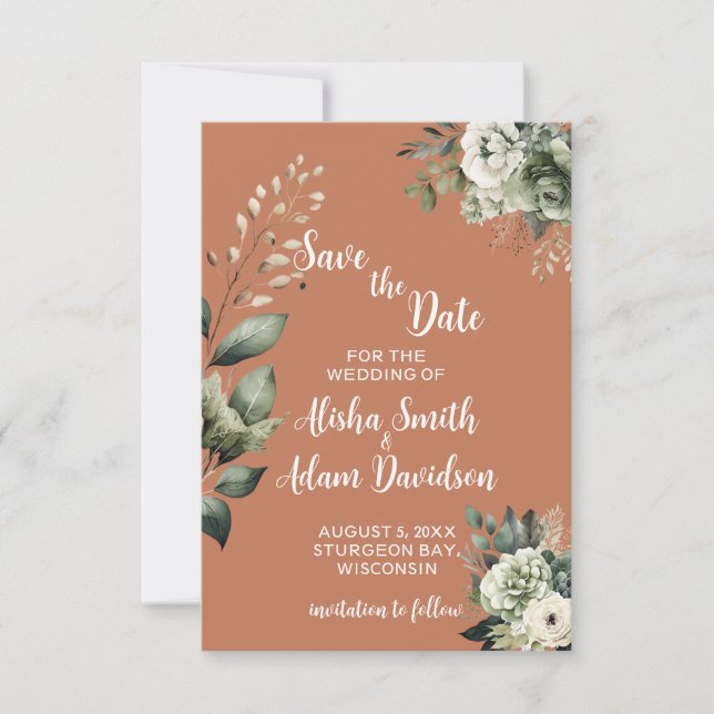 Floral Sage Green & Terracotta Save The Date Cards (Front)