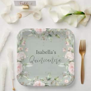 Floral Sage Green Watercolor Quinceañera Paper Plates