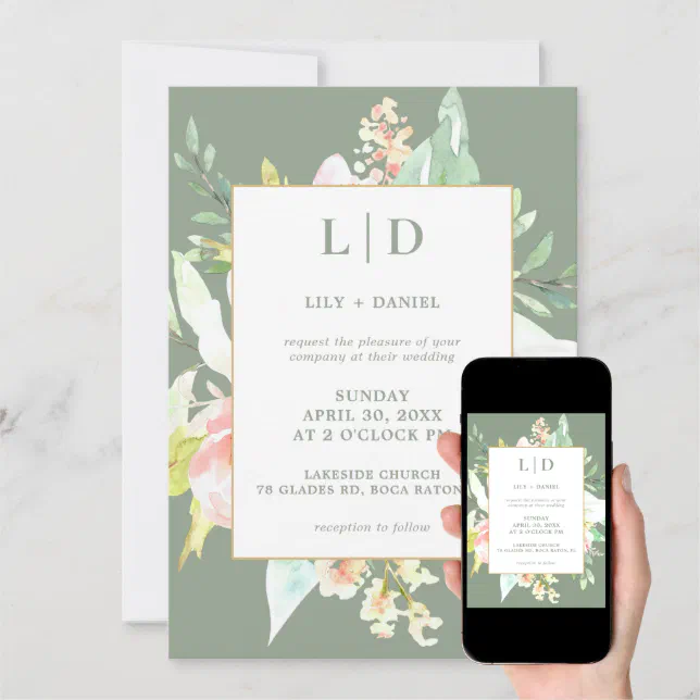 Floral Sage Green Wedding Invitation | Zazzle