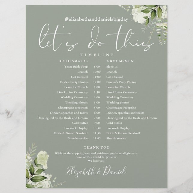 Floral Sage Green Wedding Schedule Timeline (Front)