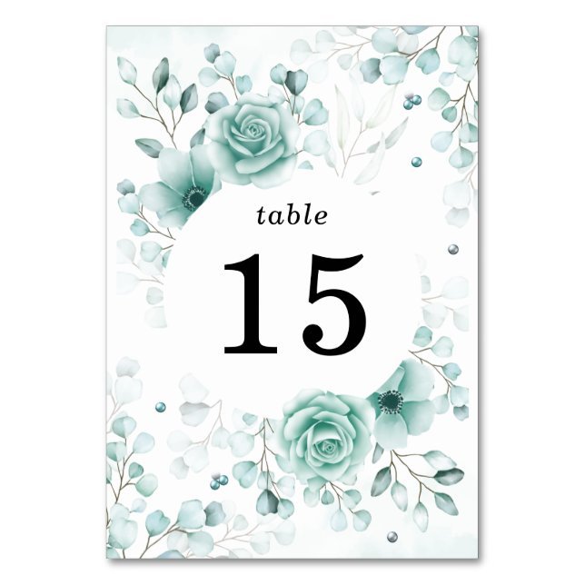 Floral sage greens Wedding Table Number (Front)
