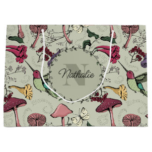 Floral Sage Hummingbird Pattern Large Gift Bag
