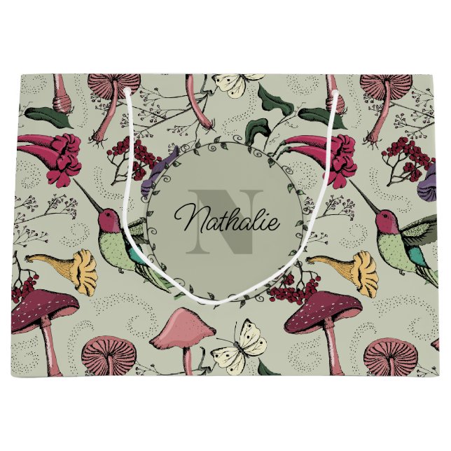 Floral Sage Hummingbird Pattern Large Gift Bag (Front)