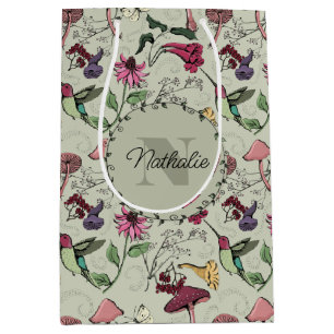 Floral Sage Hummingbird Pattern  Medium Gift Bag
