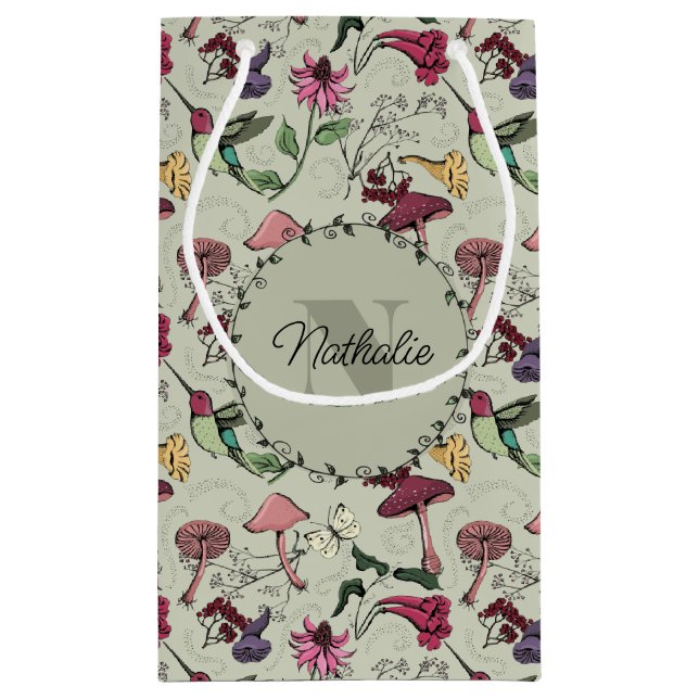 Floral Sage Hummingbird Pattern Small Gift Bag (Back)