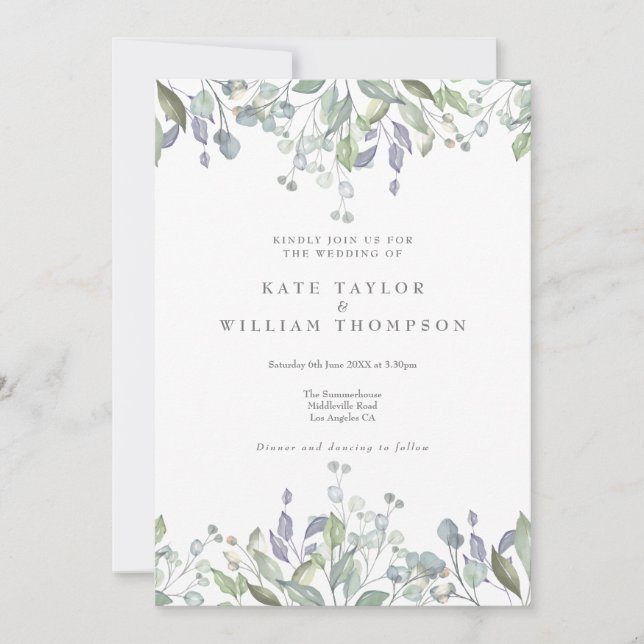 Floral Sage Lilac Greenery QR Code Wedding Invitation (Front)