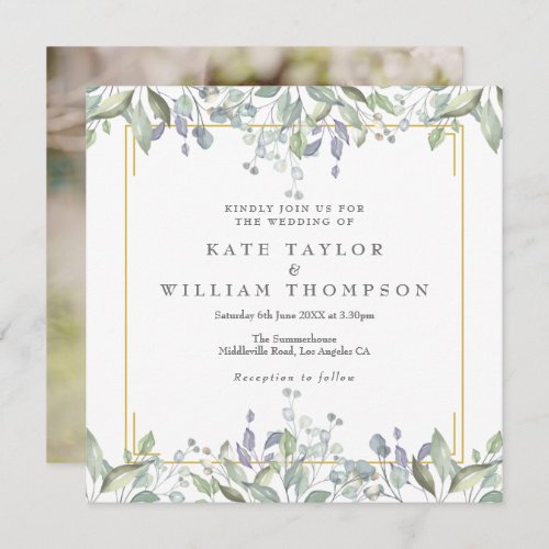Floral Sage Lilac Greenery Square Wedding Photo Invitation