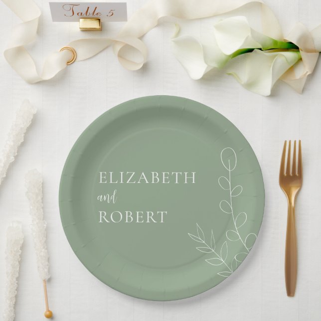 Floral Sage Wedding Script Elegant Minimal Simple Paper Plates (Wedding)