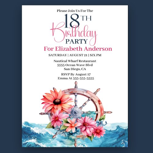 Floral Sailing Wheel Nautical 18th Birthday Invitation