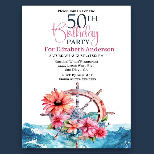 Floral Sailing Wheel Nautical 50th Birthday Invitation