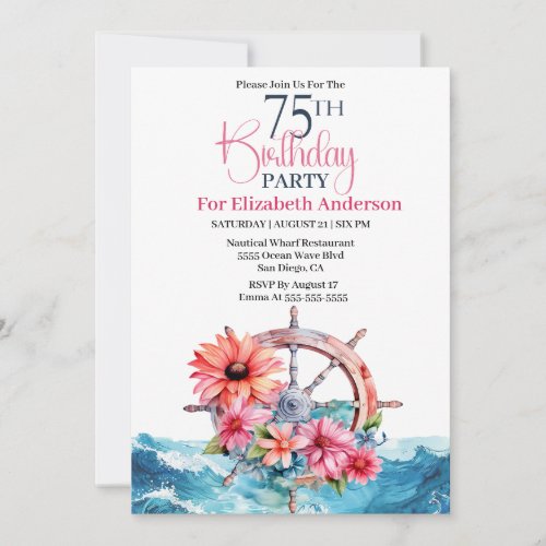 Floral Sailing Wheel Nautical 75th Birthday Invitation