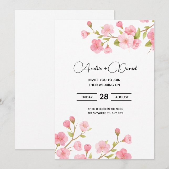 Floral Sakura Cherry Wedding Invitation Card (Front/Back)