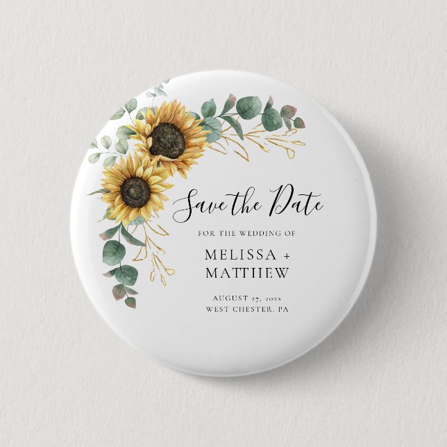 Floral Save the Date Eucalyptus Sunflower Button (Front)