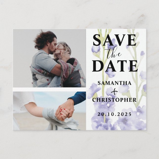 Floral Save the Date Puple & White Photo Wedding Announcement Postcard (Front)