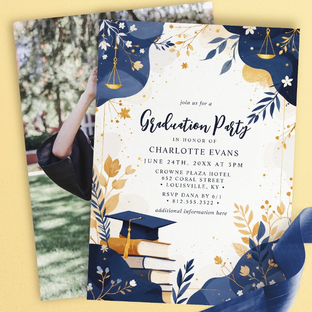 Floral Scales of Justice Law Grad Party Photo Invitation (Creator Uploaded)