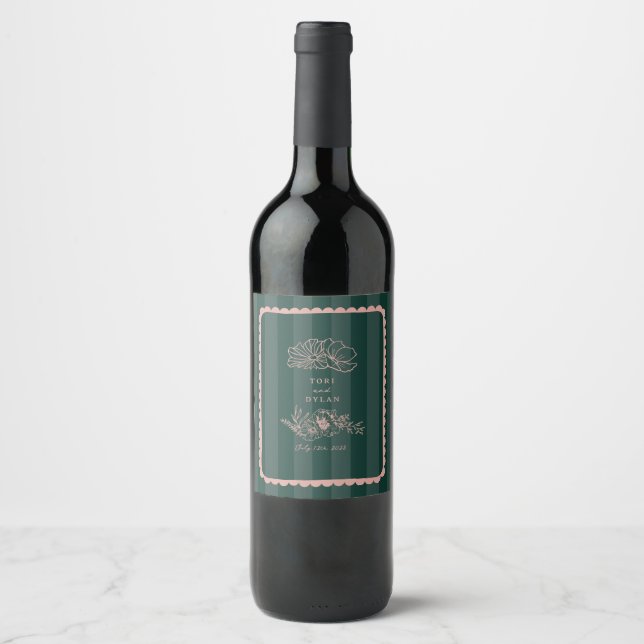 Floral Scalloped Border Green Stripe Wedding  Wine Label (Front)