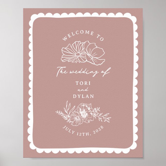 Floral Scalloped Border Pink Wedding Welcome Poster (Front)