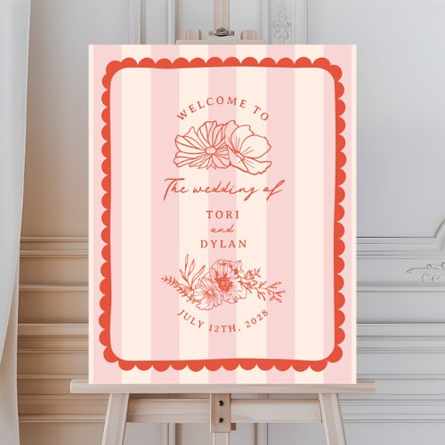 Floral Scalloped Border Stripe Wedding Welcome Foam Board