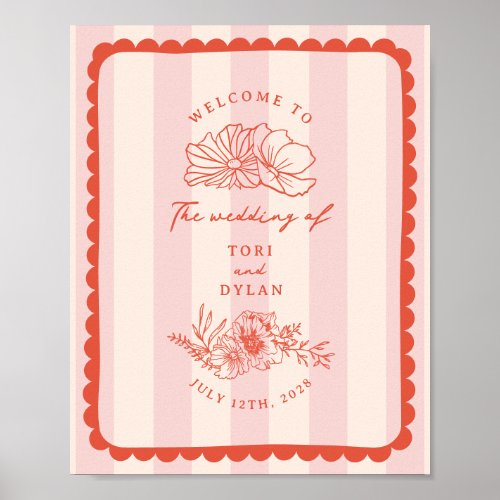 Floral Scalloped Border Stripe Wedding Welcome Poster
