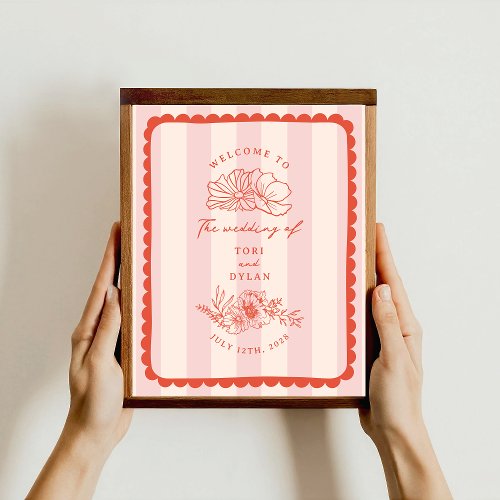 Floral Scalloped Border Stripe Wedding Welcome Poster