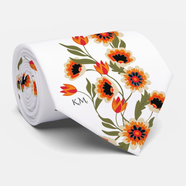 Floral Scandinavian Motif Folk Traditional Art Neck Tie (Rolled)