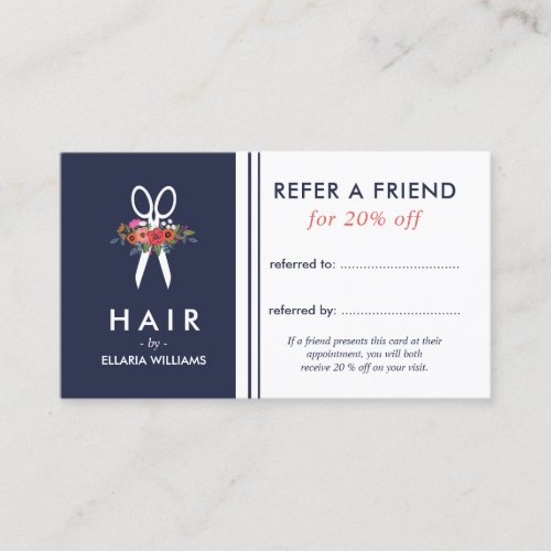 Floral Scissor Blue Hair Stylist Referral Card