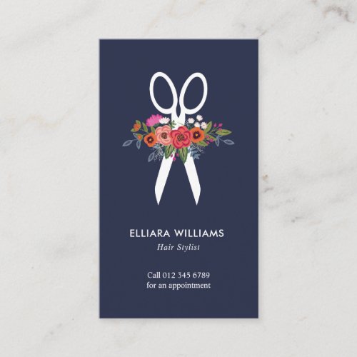 Floral Scissors _ Navy Blue Hair Stylist Business Card