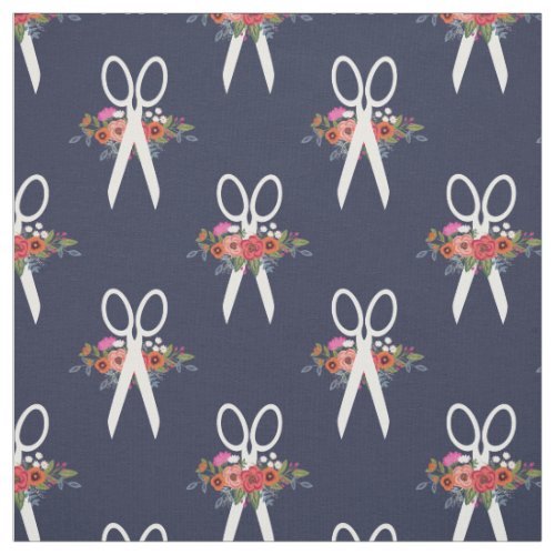 Floral Scissors Navy Blue Pattern Fabric