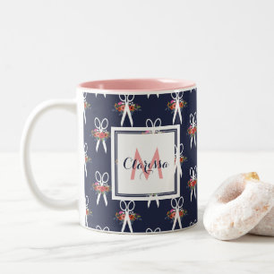 Floral Scissors - Navy Blue & Pink Monogram Two-Tone Coffee Mug