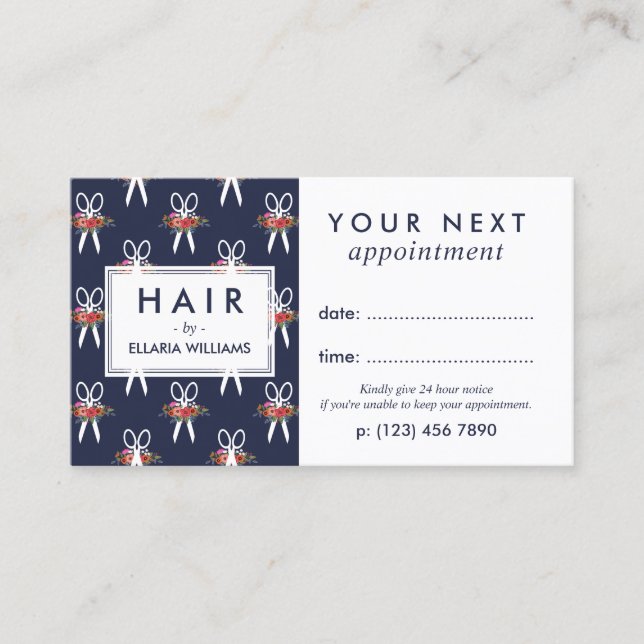 Floral Scissors Pattern Hair Stylist Appointment Card (Front)