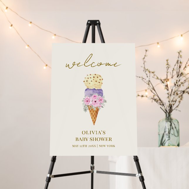 Floral Scoop Ice Cream Baby Shower Welcome Sign (In Situ (Stand))