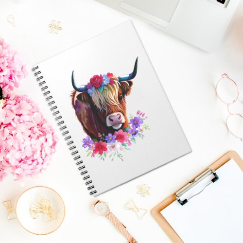 Floral Scottish watercolor highland cow Notebook