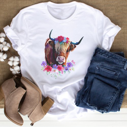 Floral Scottish watercolor highland cow T_Shirt