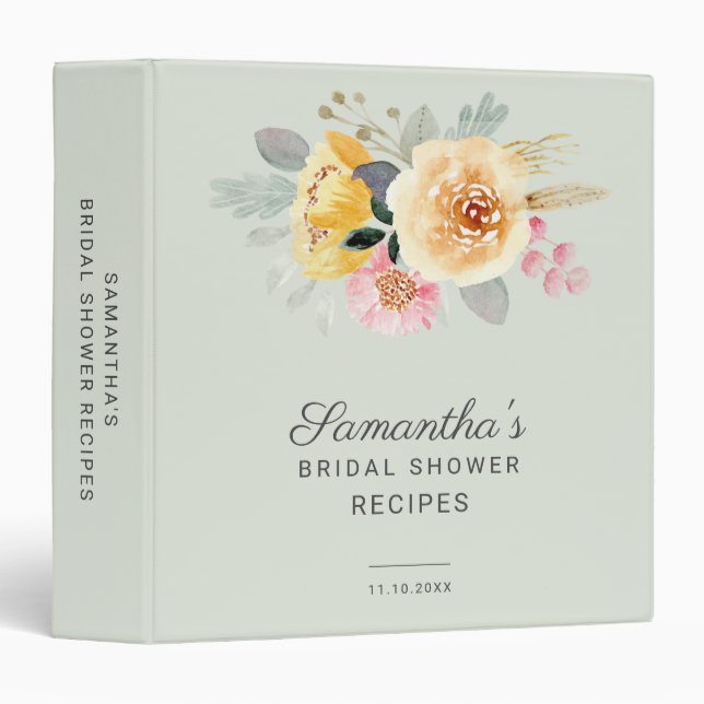 Floral Script Botanical Bridal Shower Recipe 3 Ring Binder (Front/Spine)