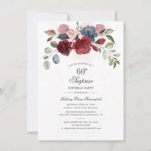 Floral Script Burgundy Blush 60th Birthday Party Invitation