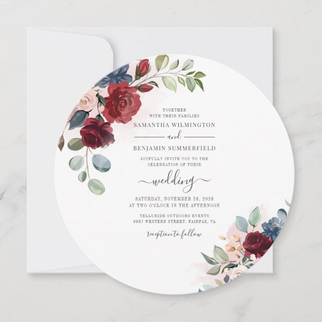 Floral Script Burgundy Botanical Modern Wedding Invitation (Front)