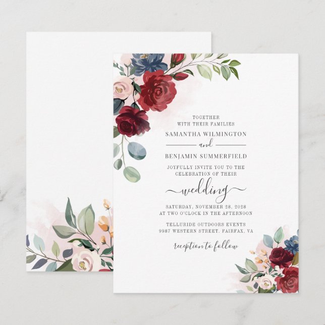 Floral Script Burgundy Botanical Modern Wedding Invitation (Front/Back)