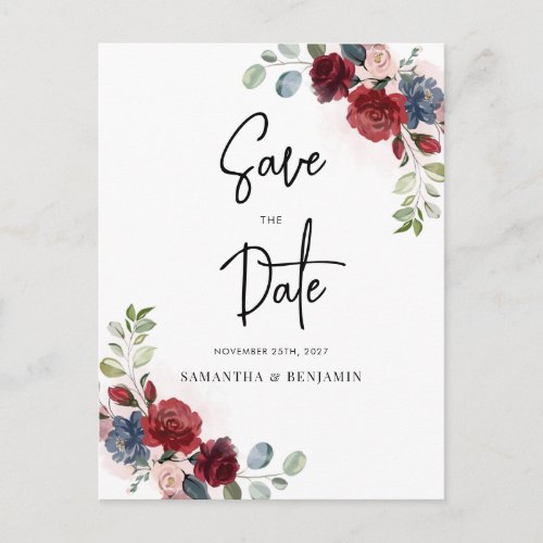 Floral Script Burgundy Wedding Save The Date Announcement Postcard